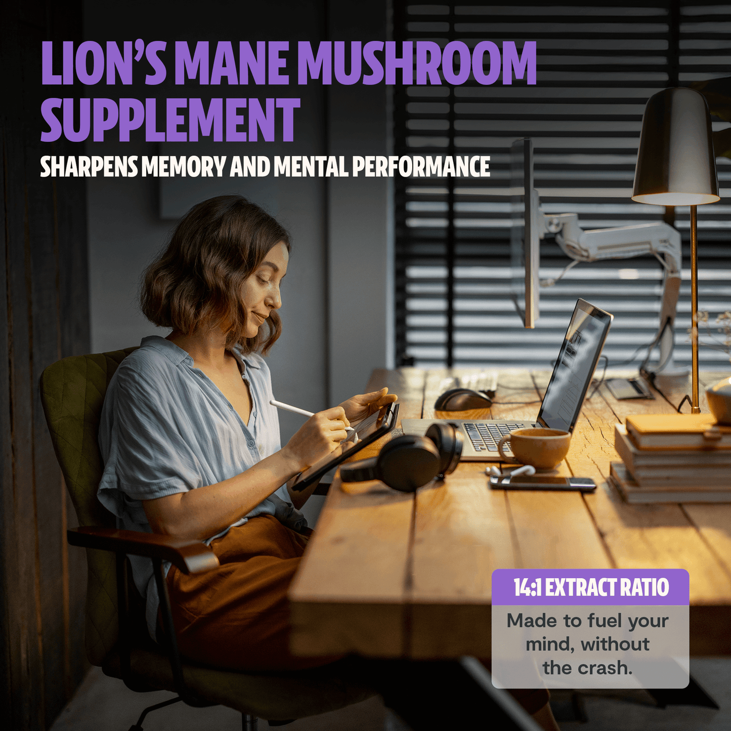 Premium Lion's Mane mushroom supplement for mental clarity and cognitive function. Triple-extracted for maximum potency, delivering 14,000mg raw mushroom power in convenient capsules.