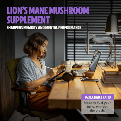 Premium Lion's Mane mushroom supplement for mental clarity and cognitive function. Triple-extracted for maximum potency, delivering 14,000mg raw mushroom power in convenient capsules.