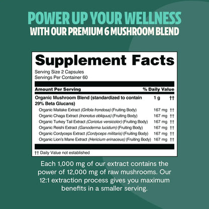 Premium blend of six powerful mushrooms for complete wellness. Quadruple-extracted mushroom supplement for maximum potency, delivering 12,000mg power for immunity, focus, and vitality.