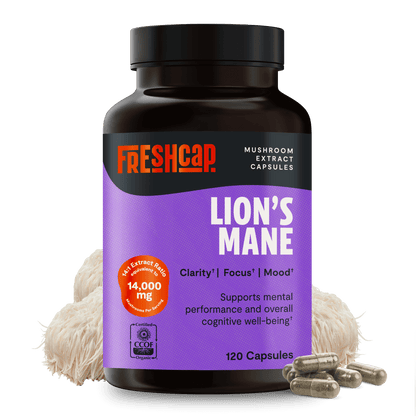 Premium Lion's Mane mushroom supplement for mental clarity and cognitive function. Triple-extracted for maximum potency, delivering 14,000mg raw mushroom power in convenient capsules.