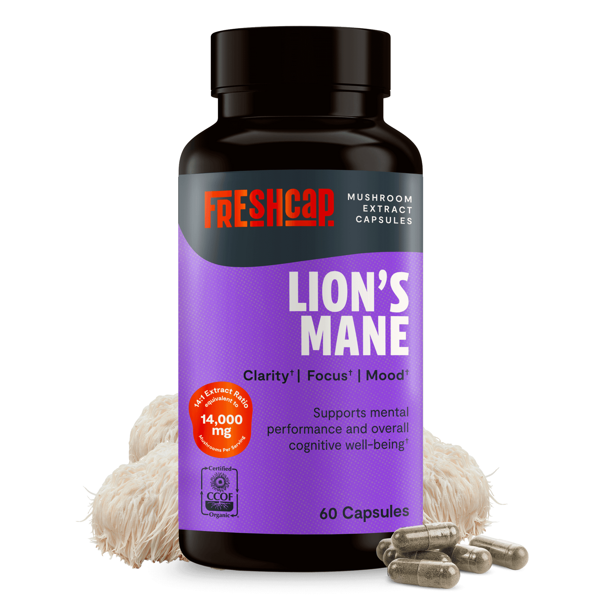 Premium Lion's Mane mushroom supplement for mental clarity and cognitive function. Triple-extracted for maximum potency, delivering 14,000mg raw mushroom power in convenient capsules.