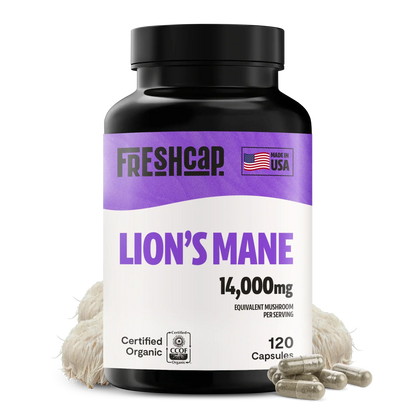 Premium Lion's Mane mushroom supplement for mental clarity and cognitive function. Triple-extracted for maximum potency, delivering 14,000mg raw mushroom power in convenient capsules.