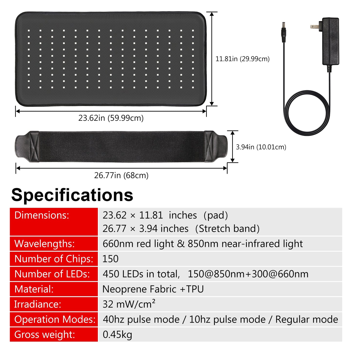 Experience advanced wellness with the LumyHealth Red Light Therapy Pad. Designed with 450 LEDs (300 at 660nm red and 150 at 850nm near-infrared) across 150 chips, it delivers a powerful 32 mW/cm² irradiance. The pad offers versatile operation modes—includ