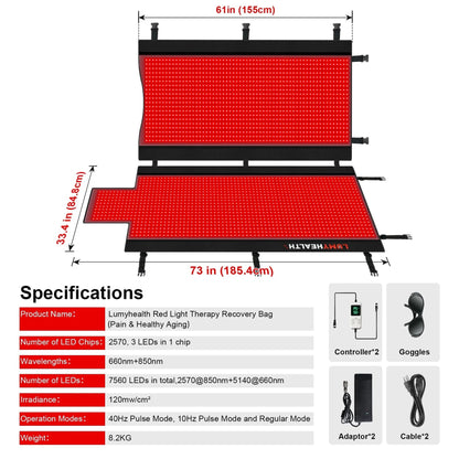 Experience full-body wellness with the LumyHealth Red Light Therapy Recovery Bag. Powered by 2,570 medical-grade LEDs, this device delivers targeted 660nm and 850nm wavelengths to support pain relief, muscle recovery, and healthy aging. Its premium TPU-co