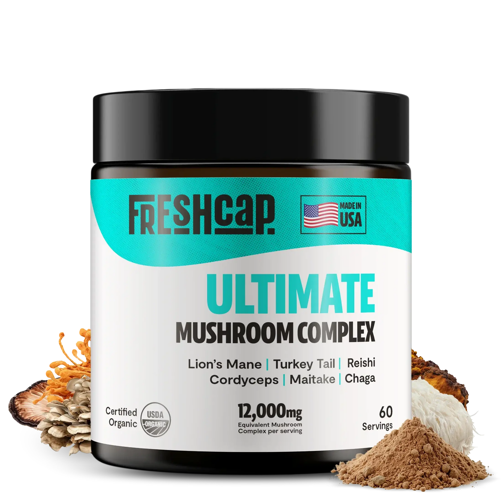 Premium mushroom blend featuring six powerful extracts for complete wellness. Our mushroom complex delivers 12,000mg raw mushroom power in versatile powder form.