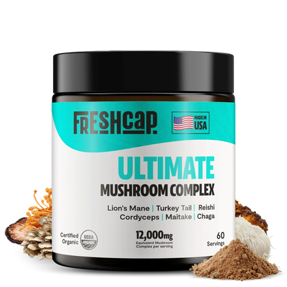Premium mushroom blend featuring six powerful extracts for complete wellness. Our mushroom complex delivers 12,000mg raw mushroom power in versatile powder form.