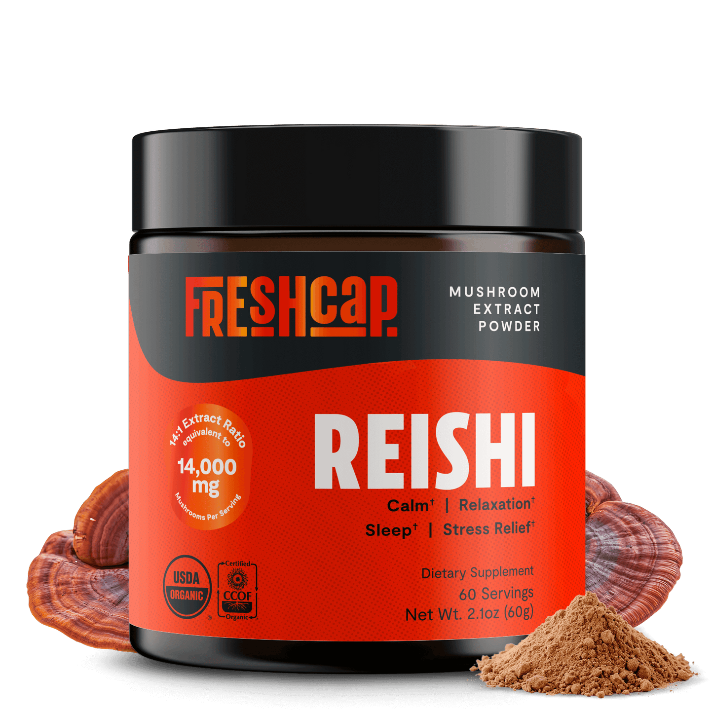 Premium Reishi mushroom powder for relaxation and balanced wellness. Dual-extracted for maximum potency, delivering 14,000mg raw mushroom power in versatile powder form.