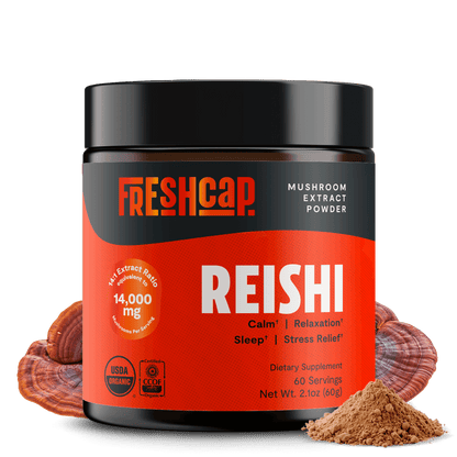Premium Reishi mushroom powder for relaxation and balanced wellness. Dual-extracted for maximum potency, delivering 14,000mg raw mushroom power in versatile powder form.