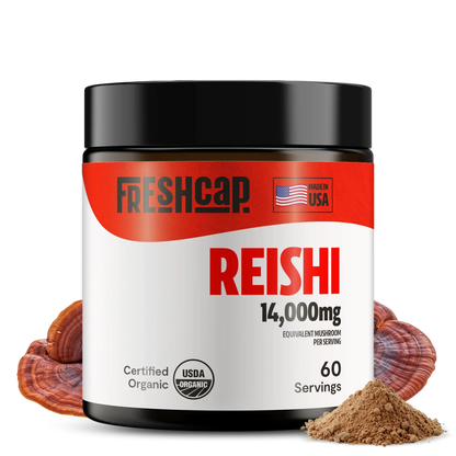 Premium Reishi mushroom powder for relaxation and balanced wellness. Dual-extracted for maximum potency, delivering 14,000mg raw mushroom power in versatile powder form.