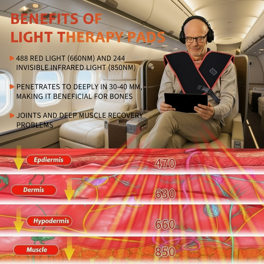 Person using light therapy pads with text detailing benefits on a living room background