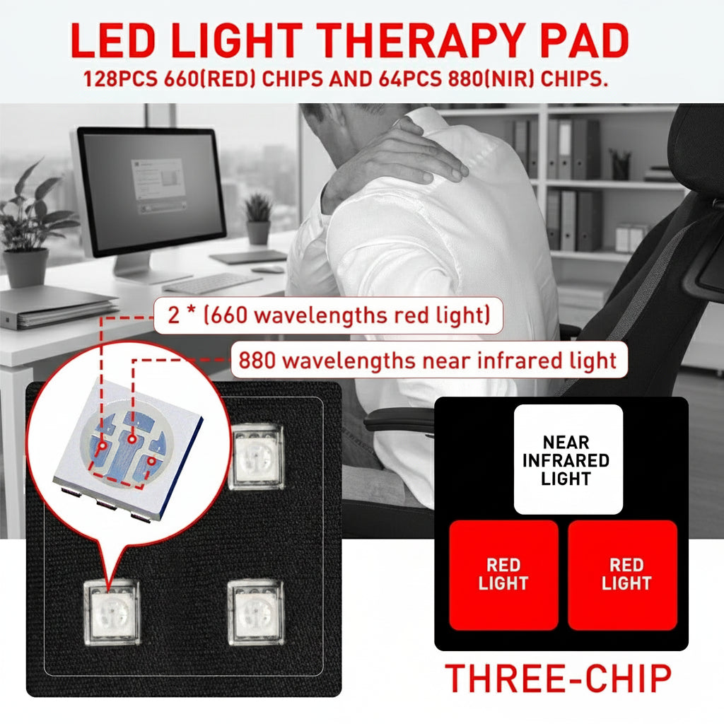 LED light therapy pad with red and near infrared lights, showing components and text.