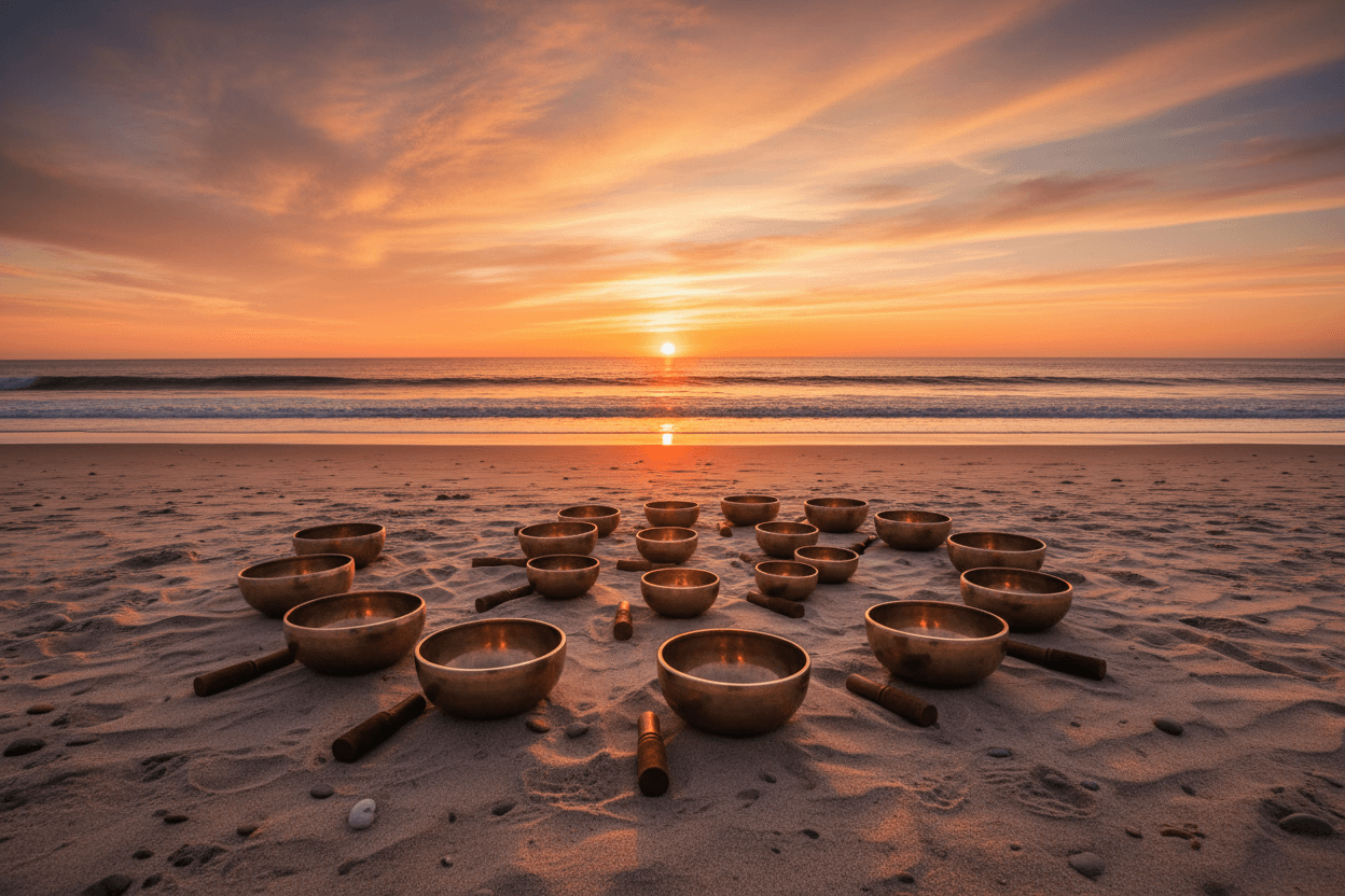Sound bowls on the beach at sunset