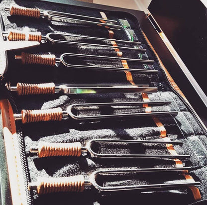 Planetary Tuning Forks for Sound Therapy that include all 7 notes for 7 chakras with a high-quality carrying case. Easy to carry and use. A professional set for meditation, yoga, therapeutics, sound healing, and spiritual practices. Hand Made of German St