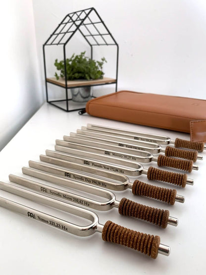 Planetary Tuning Forks for Sound Therapy that include all 7 notes for 7 chakras with a high-quality carrying case. Easy to carry and use. A professional set for meditation, yoga, therapeutics, sound healing, and spiritual practices. Hand Made of German St