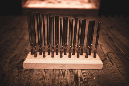 This set includes 16 well-chosen Premium Weighted Therapy Tuning Forks. The first choice of professionals in the fields of sound healing, manual therapy, and acupuncture. These Premium Weighted Therapy Tuning Forks are handmade in Germany from German stee