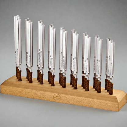 This set includes all 27 Planetary Tuned Therapy Tuning Forks with premium weighted steel. These Weighted Steel Forks are manufactured in Germany according to Hans Cousto's calculation (The Cosmic Octave). Each tuning fork is tuned exactly to the frequenc