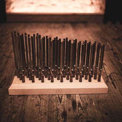 This set includes all 27 Planetary Tuned Therapy Tuning Forks with premium weighted steel. These Weighted Steel Forks are manufactured in Germany according to Hans Cousto's calculation (The Cosmic Octave). Each tuning fork is tuned exactly to the frequenc