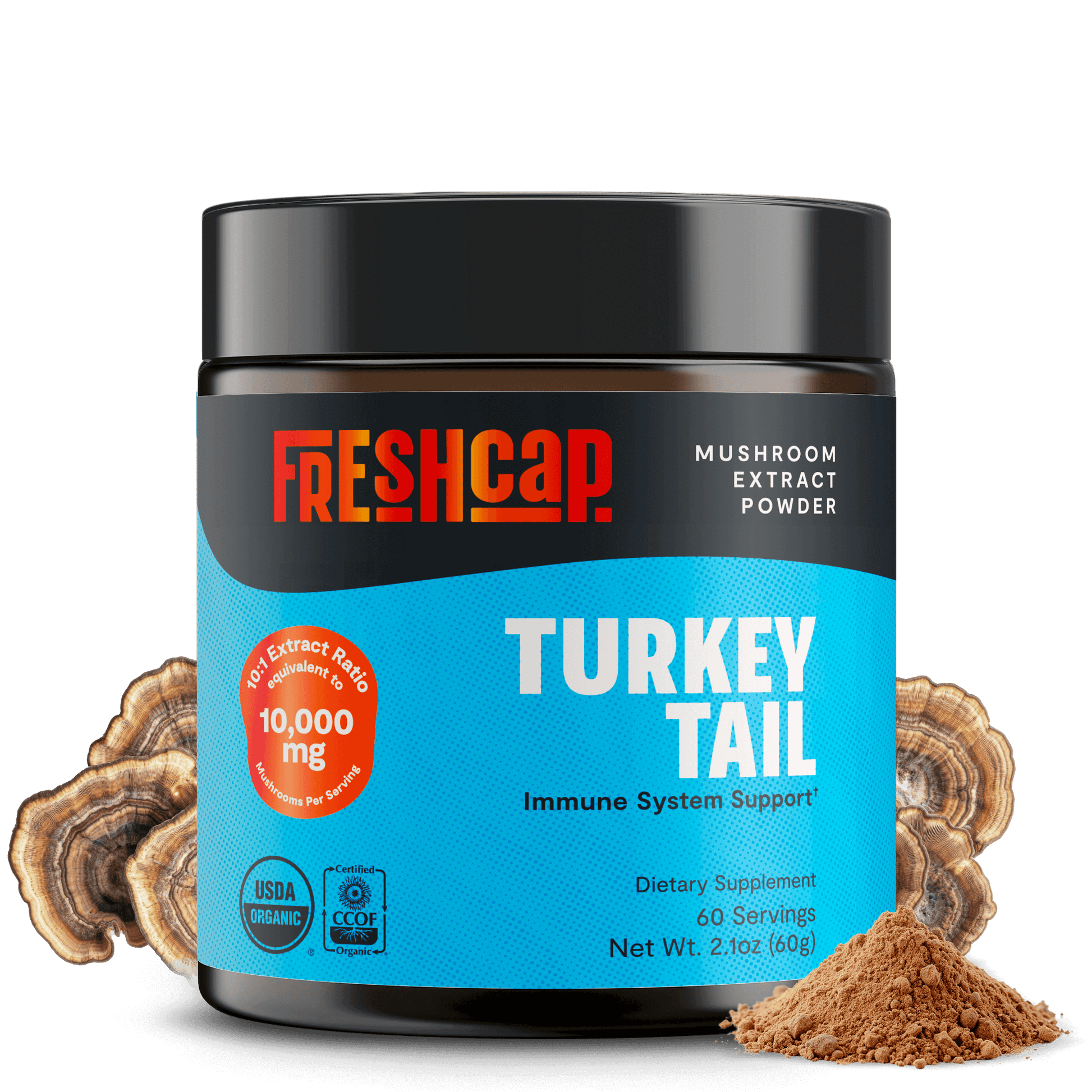 Premium Turkey Tail mushroom powder for immune and digestive support. Hot water extracted for maximum potency, delivering 10,000mg raw mushroom power in versatile powder form.