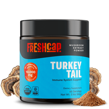 Premium Turkey Tail mushroom powder for immune and digestive support. Hot water extracted for maximum potency, delivering 10,000mg raw mushroom power in versatile powder form.