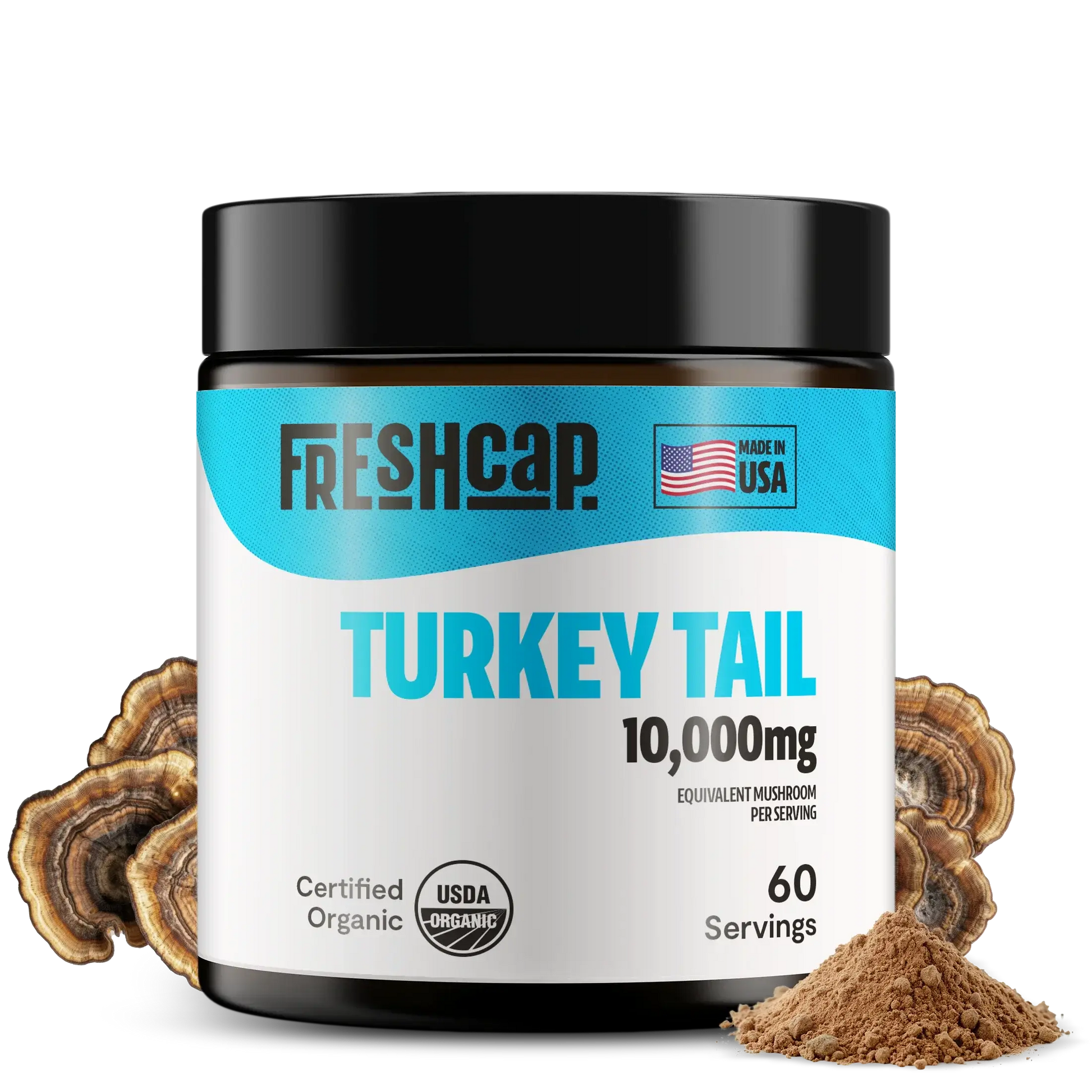 Premium Turkey Tail mushroom powder for immune and digestive support. Hot water extracted for maximum potency, delivering 10,000mg raw mushroom power in versatile powder form.