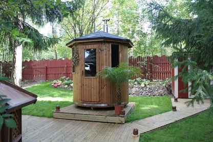 Experience the charm of our wooden cabin sauna, designed with you in mind. This compact yet spacious circular sauna is a versatile gem that can easily find its place in any corner of your garden. It's not just a sauna; it's your personal oasis. Key Featur