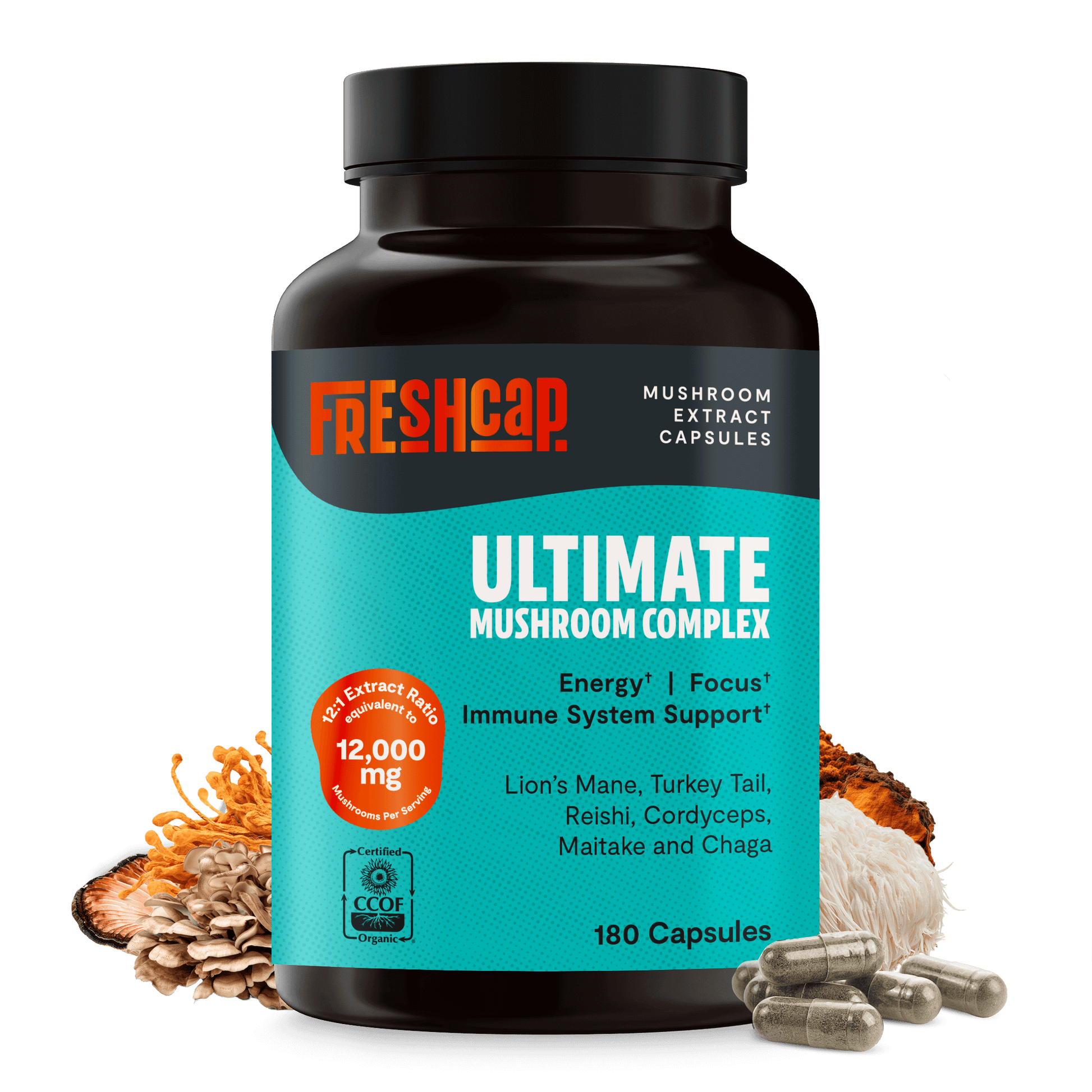 Premium blend of six powerful mushrooms for complete wellness. Quadruple-extracted mushroom supplement for maximum potency, delivering 12,000mg power for immunity, focus, and vitality.